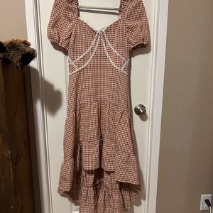 Joyfolie Brown Gingham Dress with White Lace